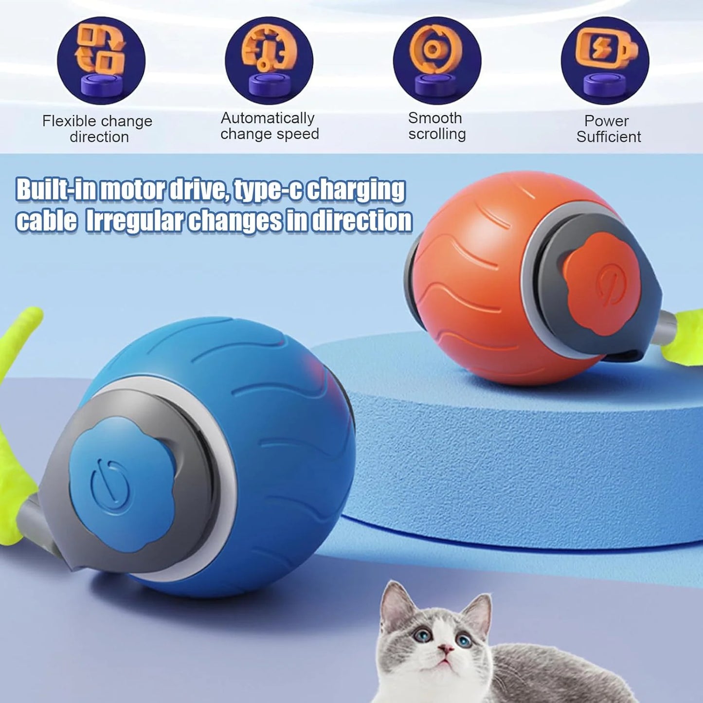 Jouet pour Chat Speedy Tail, Jouet Interactif pour Chats d'Intérieur, Balle de Jeu pour Chat, Jouet Interactif en Forme de Balle, Réglable sur Deux Vitesses, Rechargeable par USB