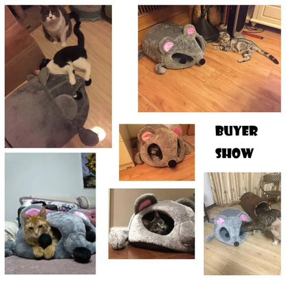 Maison Douillette pour Chat avec Design de Souris Cartoon pour l'Hiver