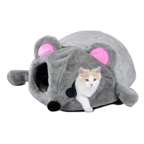 Maison Douillette pour Chat avec Design de Souris Cartoon pour l'Hiver