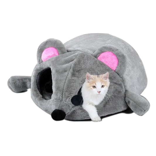 Maison Douillette pour Chat avec Design de Souris Cartoon pour l'Hiver